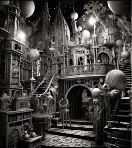 A surreal black-and-white room within the Crooked Manor