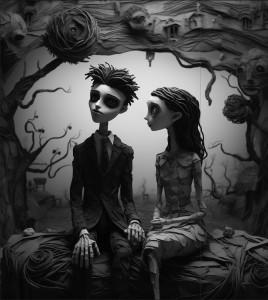 Black-and-white illustration of Sarah and Thomas in the Crooked Manor